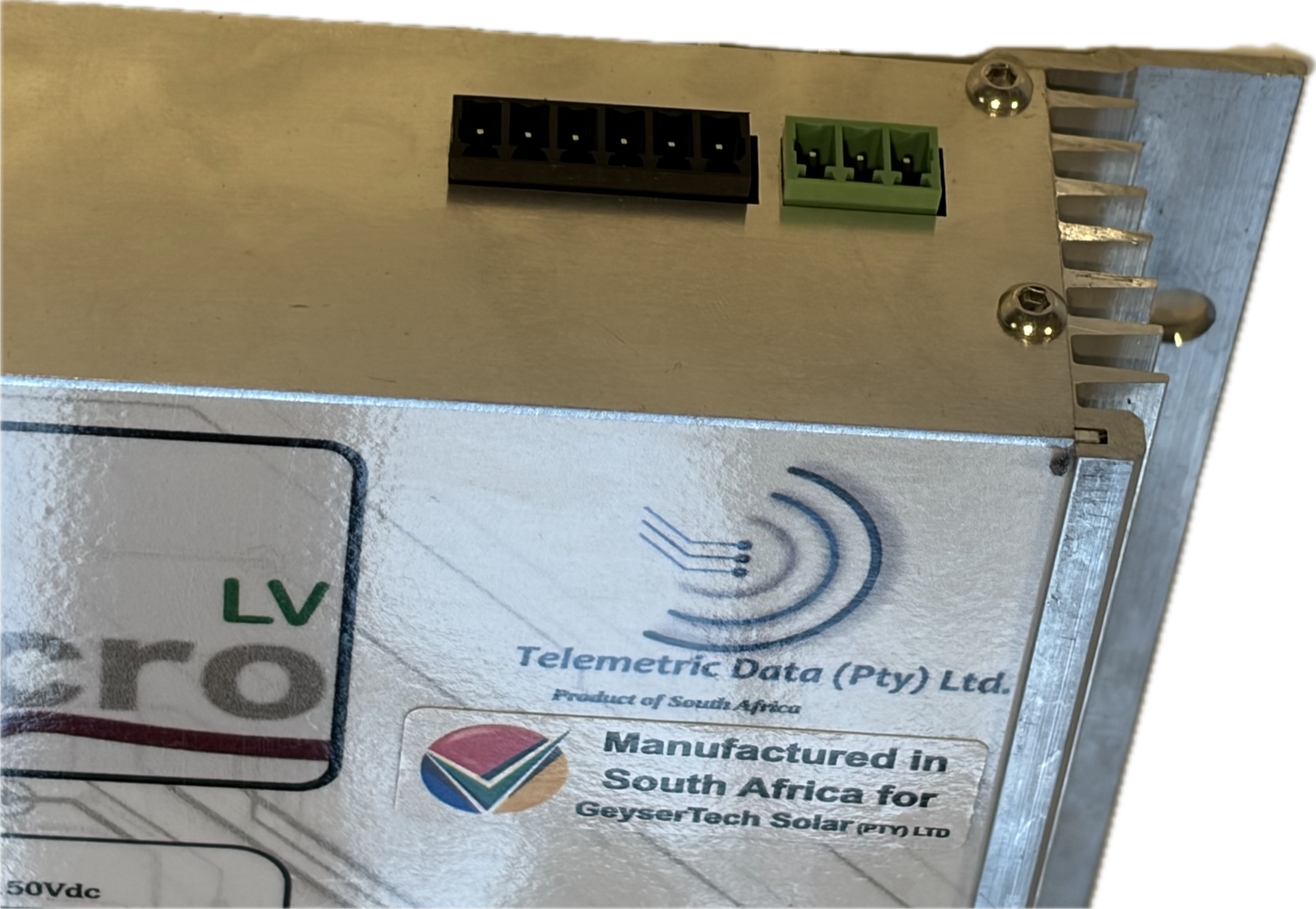 Top view of a Geysertech Micro LV geyser Solar Controller showing connection point for an optional digital display and temperature sensr