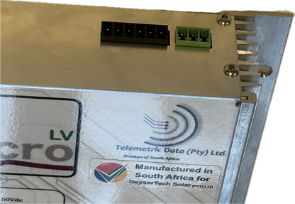 Top view of a Geysertech Micro LV geyser Solar Controller showing connection point for an optional digital display and temperature sensr